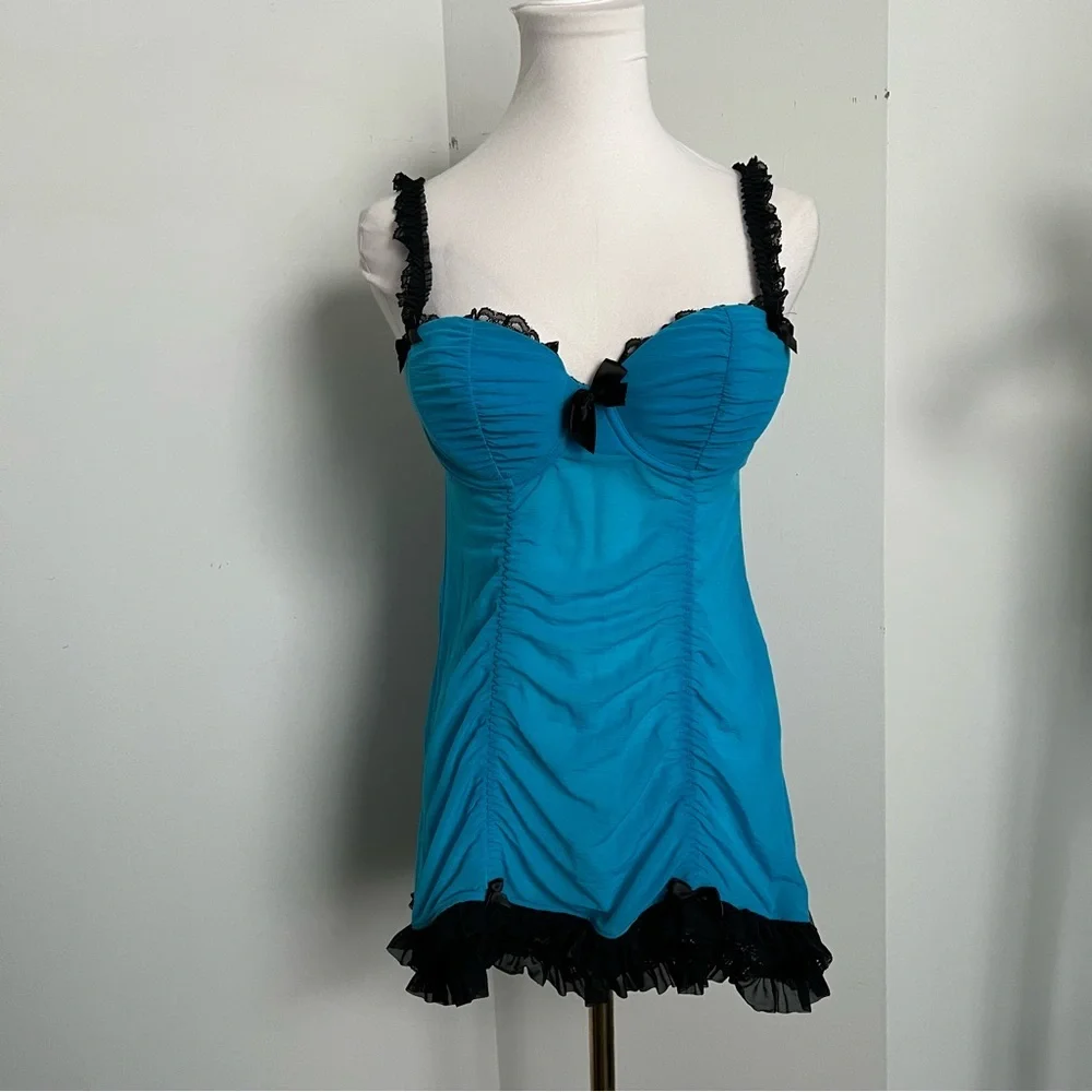 Vintage Y2K Turquoise Babydoll Chemise Lingerie Black Lace Bow Trim M - Picture 2 of 6